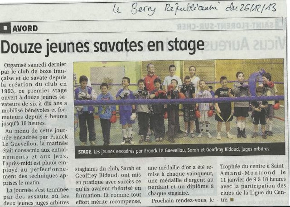 Coupure de presse : Douze jeunes savates en stage — Le Berry Républicain, 26 décembre 2013