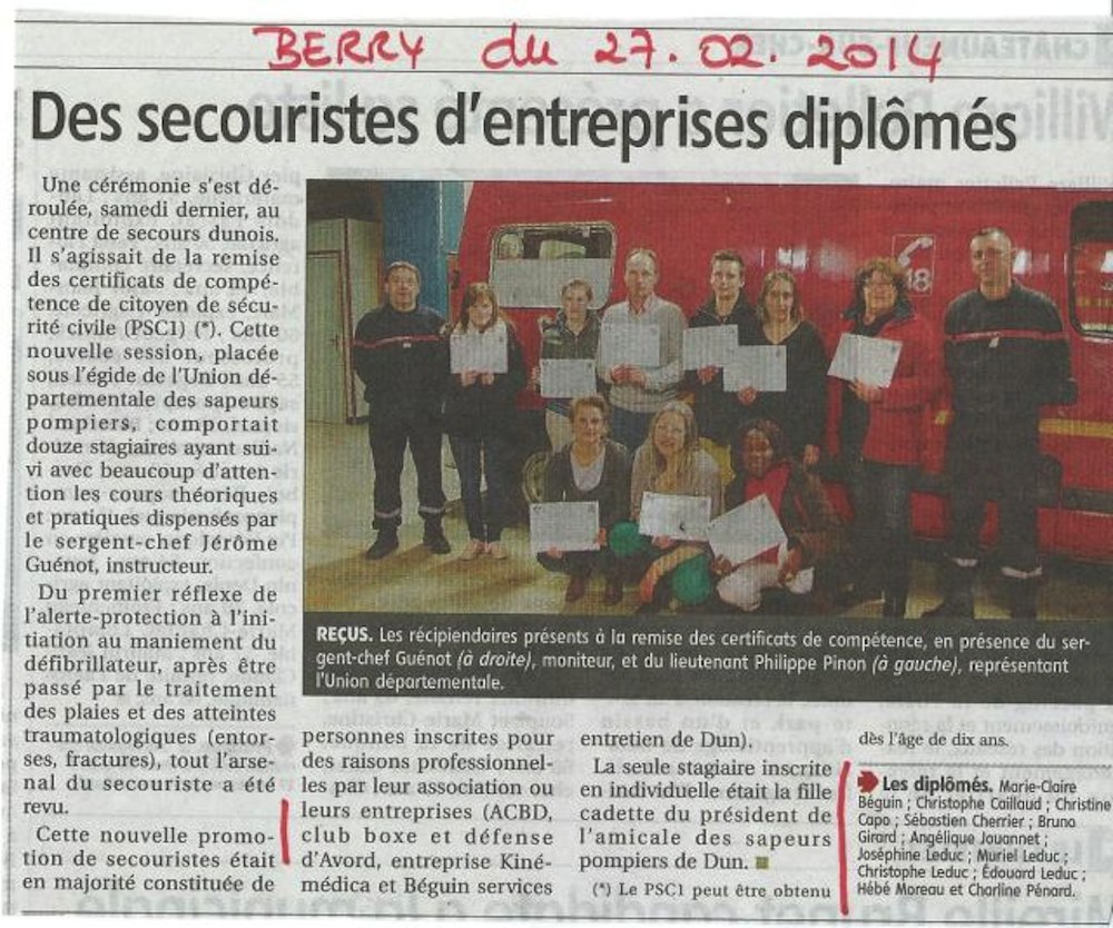 Coupure de presse : Des secouristes d’entreprises diplômés — Le Berry Républicain, 27 février 2014