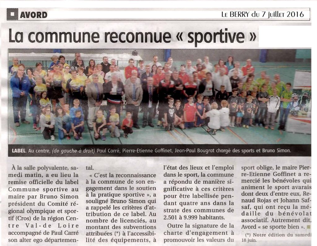 Coupure de presse : La commune reconnue « sportive » — Le Berry Républicain, 7 juillet 2016