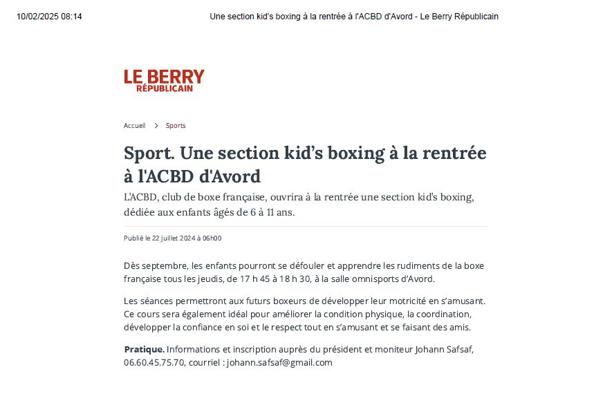 Coupure de presse : Une section Kid’s Boxing à la rentrée — Le Berry Républicain, 22 juillet 2024